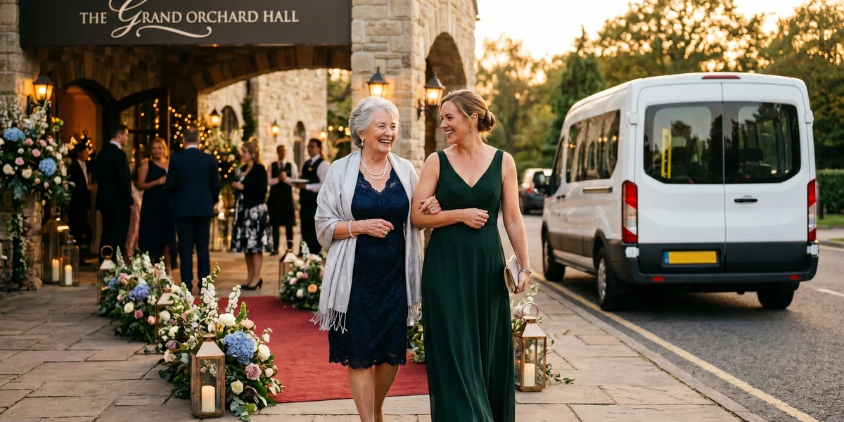 An older woman in dressy attire walking arm-in-arm with her adult daughter toward the entrance of an elegant event venue at golden hour, a Capital Area Transport Service passenger van parked at the curb