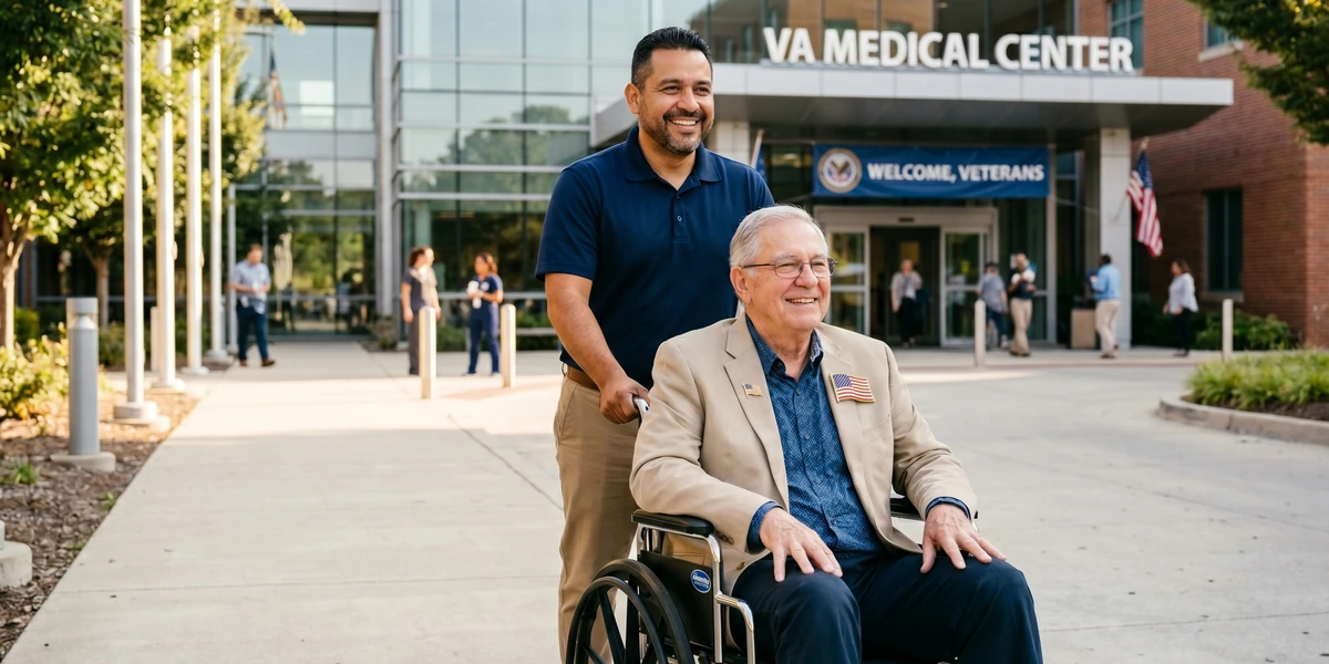 A Capital Area Transport Service driver pushing an older male veteran in a wheelchair toward the entrance of a VA Medical Center with a Welcome Veterans sign
